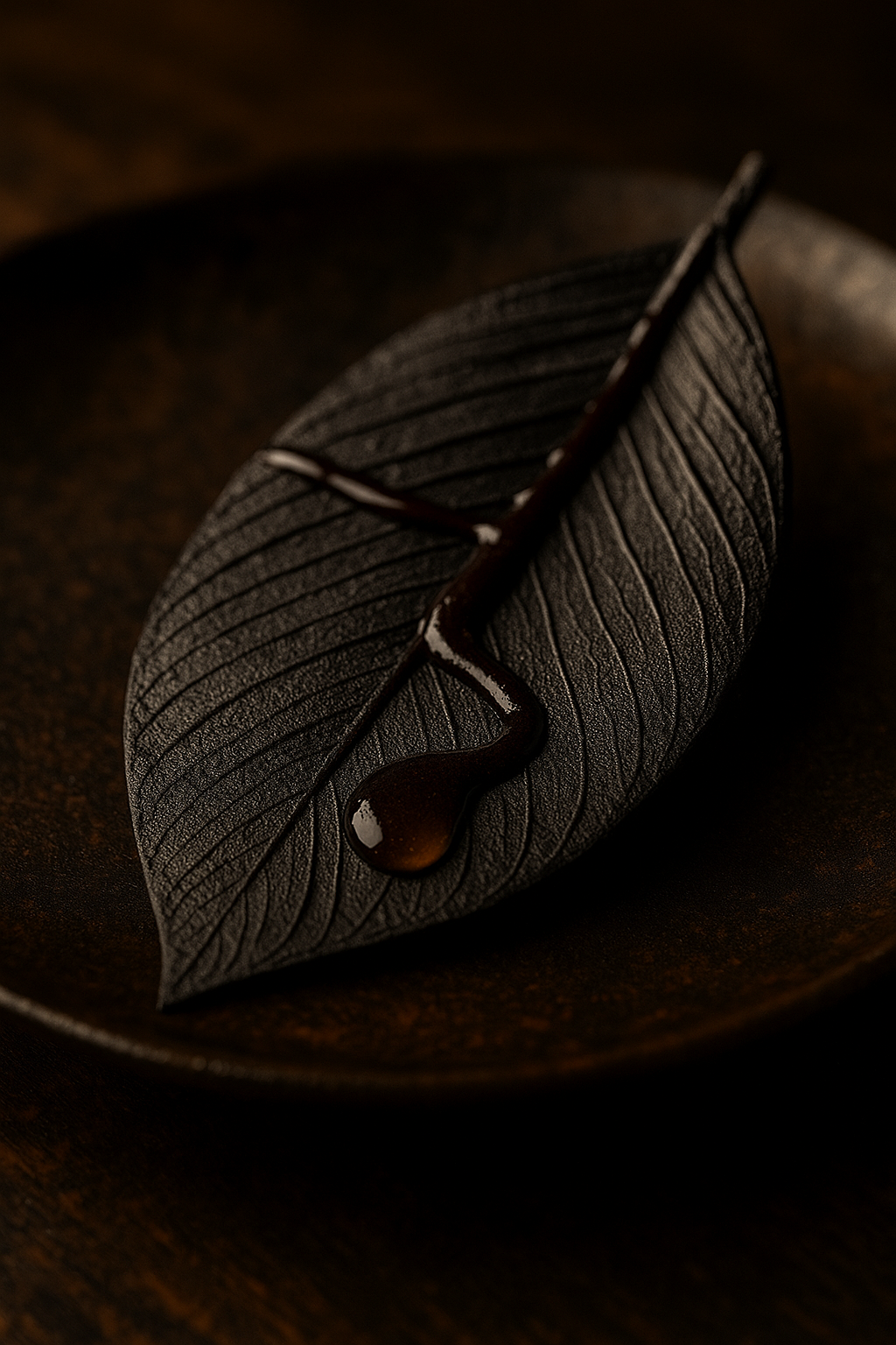 Charcoal-tempered chocolate leaf