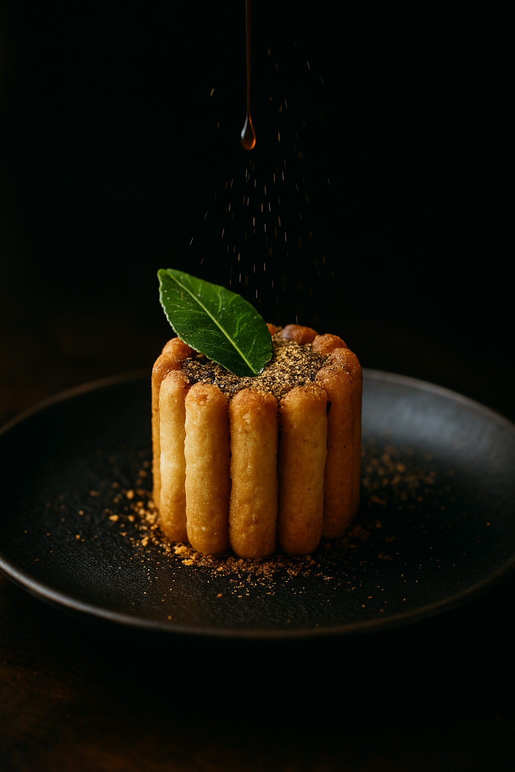 Lime leaf charlotte with ant-pollen crust