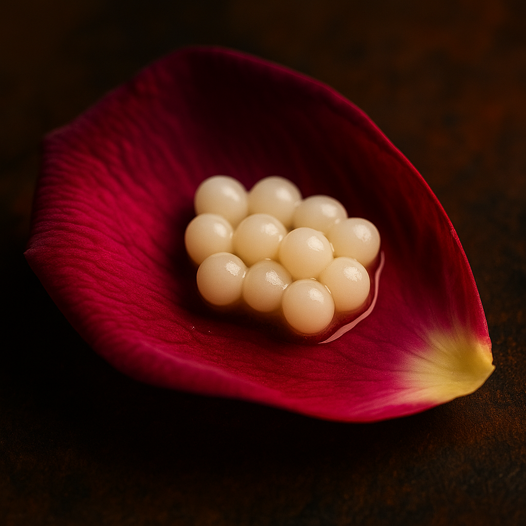 Pickled rose petal with goat kefir pearls